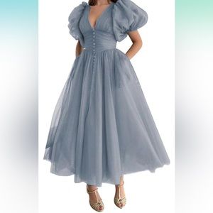 Dusty Blue Puff Sleeve Formal Dress Women Dotted Tulle V Neck Formal Tea Length